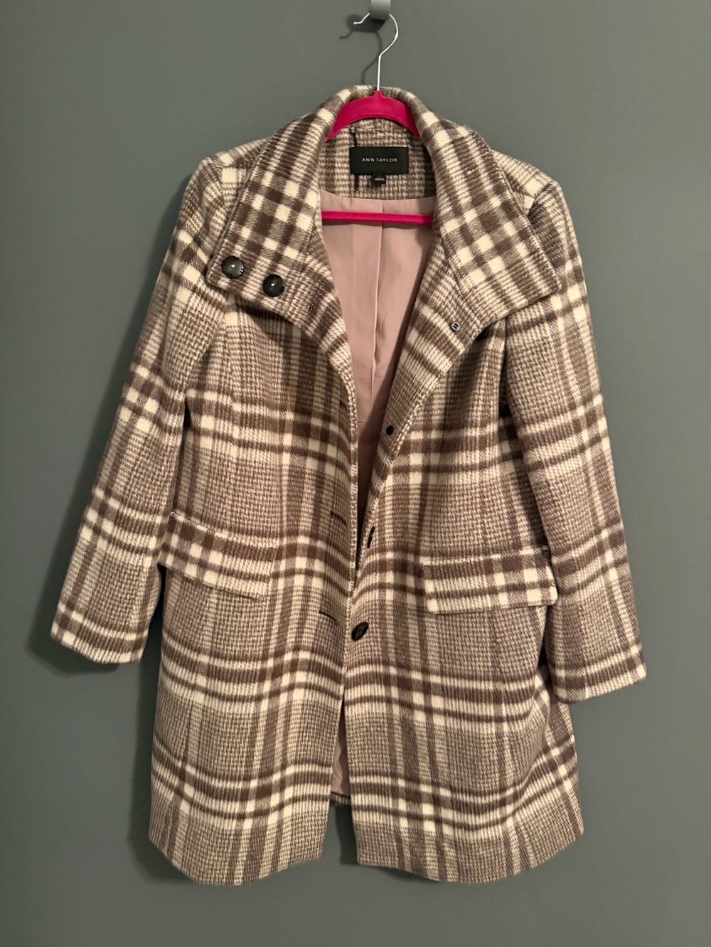 Ann Taylor Plaid Pea Coat in Taupe and Cream
